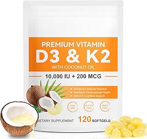 120 Softgels Vitamin D3 K2 10000IU 200MCG - Coconut Oil - Support Immune, Heart Health - Maintains Cardiovascular Health - Superior Absorption- Easy to Swallow