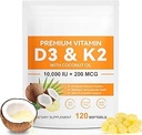 120 Softgels Vitamin D3 K2 10000IU 200MCG - Coconut Oil - Destek Immune, Heart Health - Cardiovascular Health - Superior Abxia- Easy to Swallow