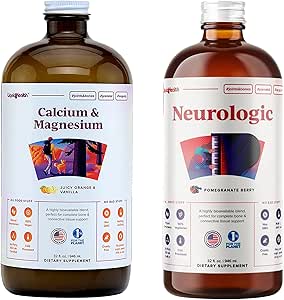 LIQUIDHEALTH Calcium and Magnesium & Neurologic Nootropic Liquid Vitamin Supplements Bundle for Adults - Support Bone & Tissue Health, Improve Memory, Focus & Concentration - Vegan, Non-GMO, USA Made
