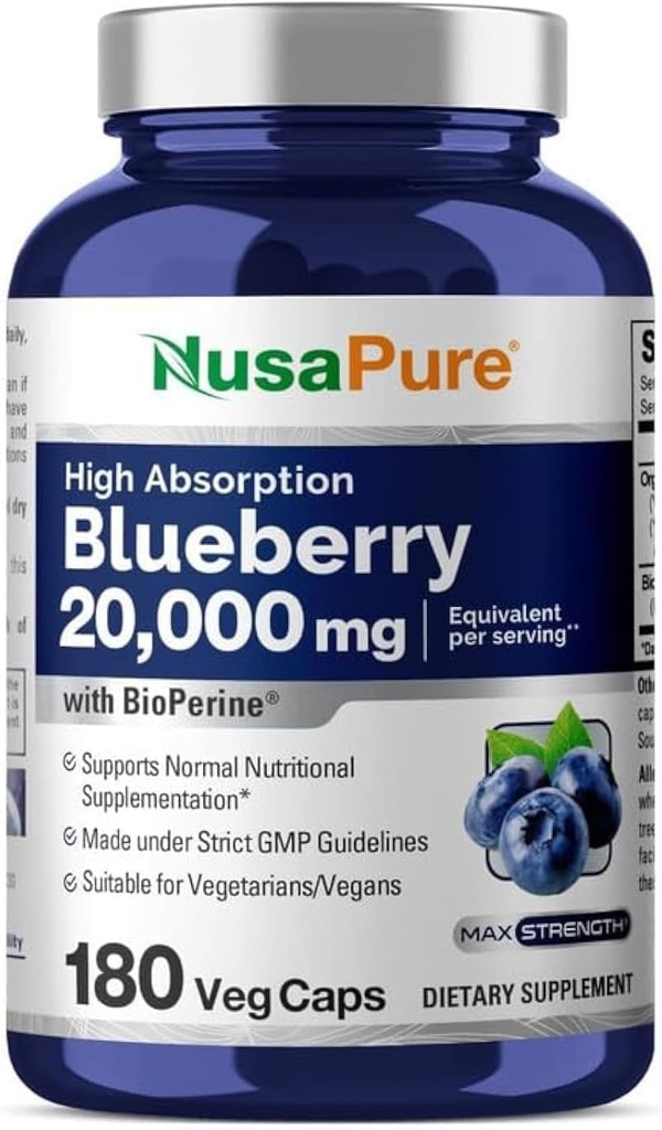 NusaPure Blueberry Mekanik 20.000 mg - 180 Veggie Toz kapakları (Ekstra 30:1, %100 Vejetaryen, Non-GMO)