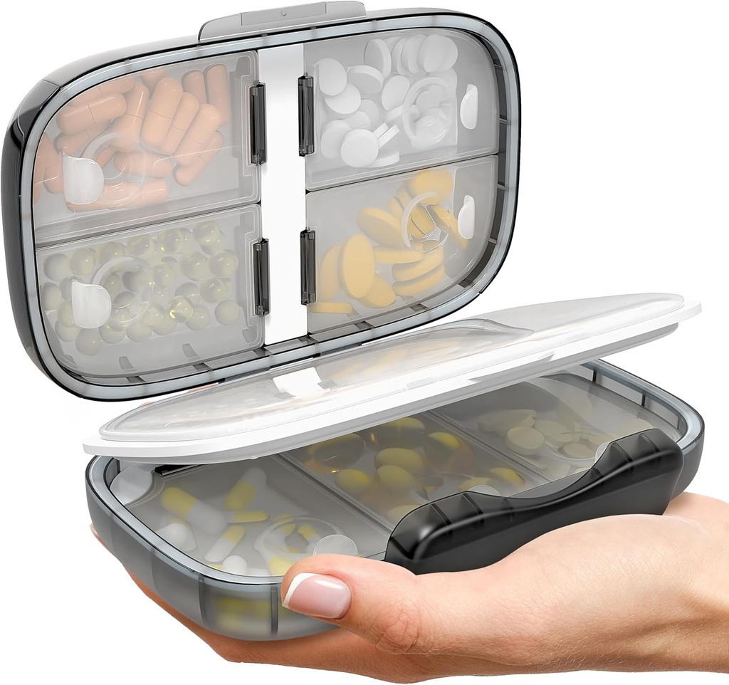 Travel Pill Organizer - αεροστεγής ιατρική περίπτωση για τα ταξίδια Φορητό κουτί φαρμακείο με ετικέτες Βιταμίνη εμπορευματοκιβώτιο 8 συμπλήρωμα διαμέρισμα Κάτοχος φαρμακευτικής αγωγής Μεγάλη χωρητικότητα καθημερινά (Μαύρο-2)