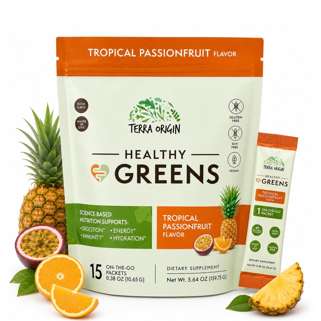 TERRA ORIGIN Greens Stick Packs |15 Packets | Super Greens Powder Packets with Probiotics & Adaptogens | Daily Green Juice for Gut Health, Energy & Immunity | Travel Friendly Single Serve | Tropical