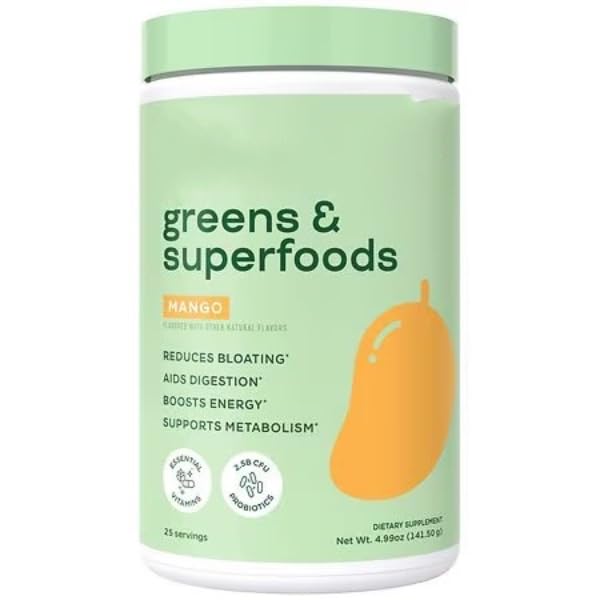 Super Greens & Superfoods Powder, Mango Flavor, 25 Servings Gut Health & Bloating Support with Probiotics, Fruits & Veggies