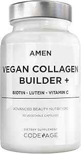 Amen Plant-Based Vegan Collagen Builder Supplement - Organik Tüm Gıdalar, Lutein, C, Biotin, Lysine, Proline Collagen Bransons - Organik Cranberry, Lemon, Strawberry - Bir Gün - 30 Capsules
