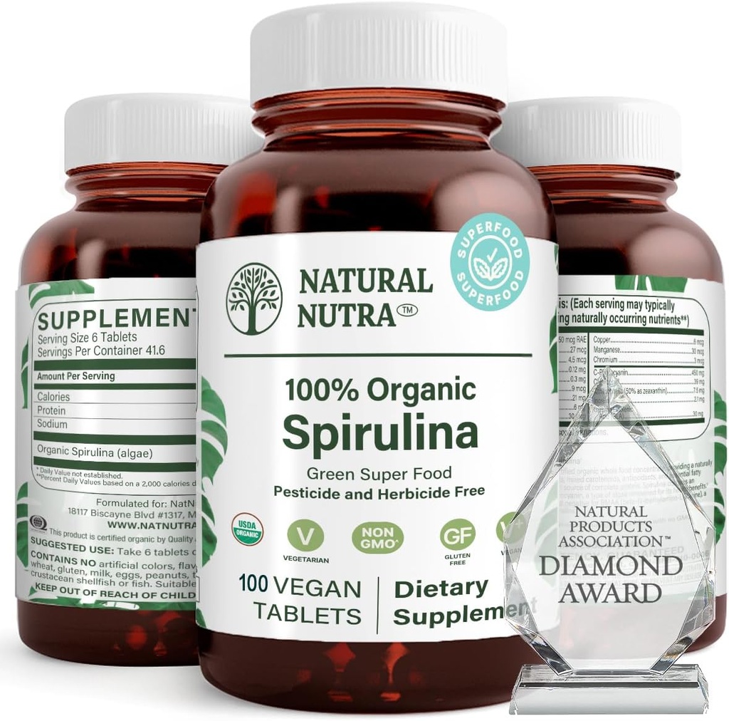 Natural Nutra 100% USDA Βιολογικά δισκία Spirulina, βοηθά στη διατήρηση των λιπιδίων του σώματος, προωθεί την υγεία του ήπατος, προωθεί το ανοσοποιητικό σύστημα, βοηθά στη βελτίωση του μεταβολισμού, προωθεί την ασυλία, 300mg, 100 Vegan δισκία