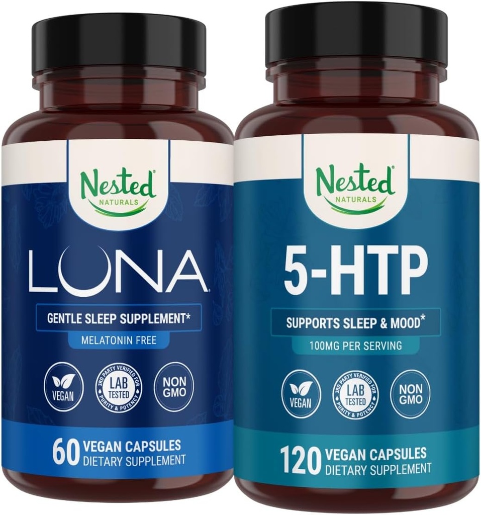 Nested Naturals Luna Melatonin-Free Sleep Supplement (60 Vegan Capsules) & 5-HTP 100 mg (120 Vegan Capsules) Improv Sleep, Relaxation & Mood