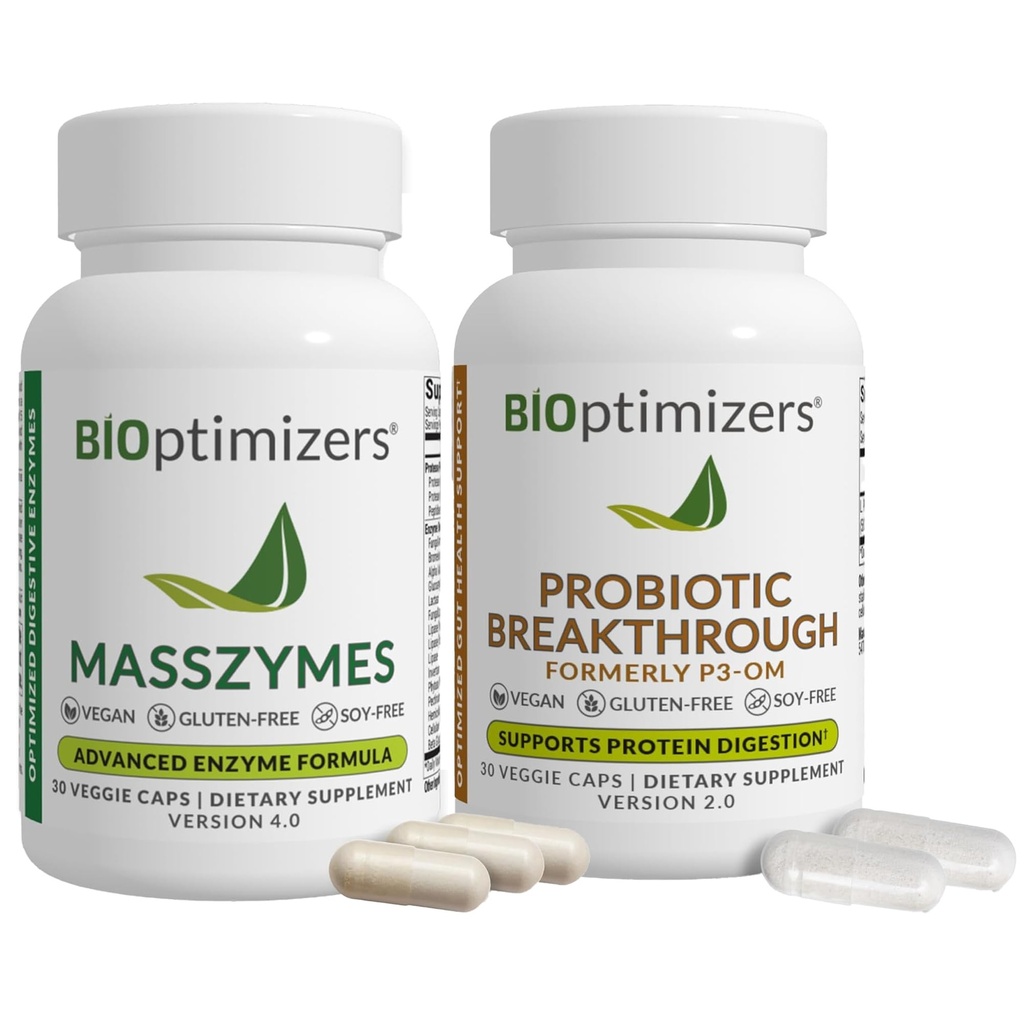 BiOptimizers Digestive Health Bundle – MassZymes Enzymes & Probiotic Breakthrough with Prebiotics – Max Nutrient Absorption, Gut & Immune Support – Energy, Recovery & Clarity – 60 Vegan Capsules