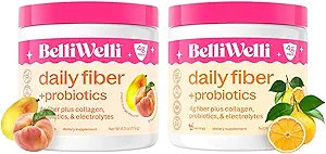 Belli Welli Daily Fiber Supplement Bundle with Collagen, Probiotics & Electrolytes – Peach Mango & Orange Yuzu Mandarin Flavors – Supports Digestion, Gut Balance & Debloating – 32 Servings Total