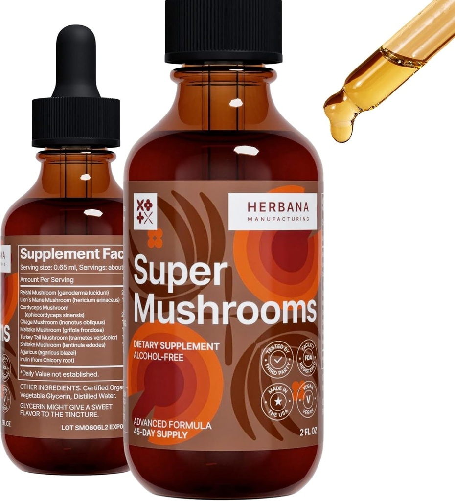 Super Mushrooms 8-in1 - 2 fl oz Liquid Extract - Εγκέφαλος Booster & Ανοσολογικές Σταγόνες Υποστήριξης - Reishi, Lion`s Mane, Cordyceps, Chaga, Mitake, Turkey Ουρές, Shiitake, Agaricus - Υψηλή Ικανότητα - 45-Ημέρες Προμήθεια