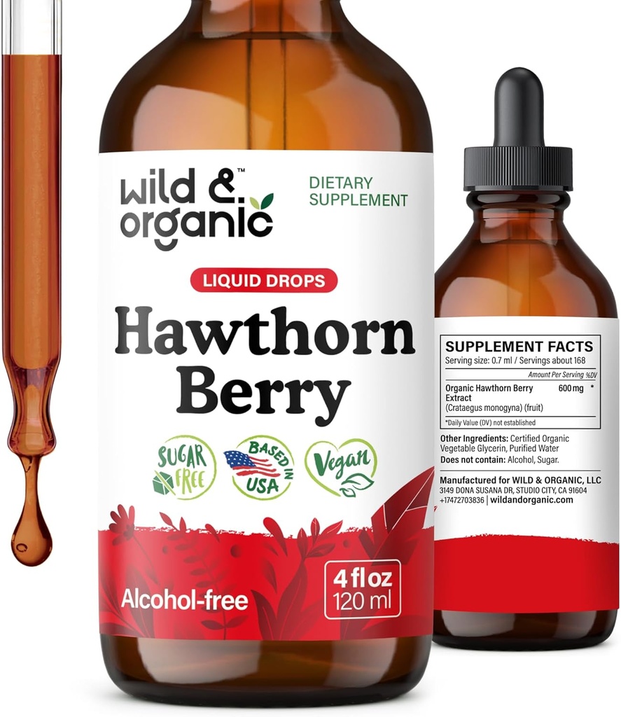 Άγρια & οργανικά Hawthorn Βάμμα καρπού 600 mg - Υγρό Hawthorne συμπλήρωμα καρπού για τη συνολική υποστήριξη - Vegan, ζάχαρη & αλκοόλ-free σταγόνες εκχύλισμα φρούτων - 4 fl oz