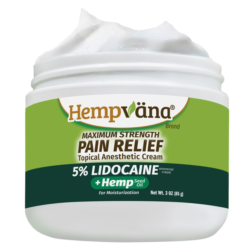 Hempvana 5% Lidocaine Relief Cream, Maximum Strength, AS SEEN ON TV, Strong Cream, Numbs Irritated Nerves for Fast Anorectal Relief, Non-Greasy, Targeted Long-Lasting Relief. Enriched with Hemp, 3 Oz
