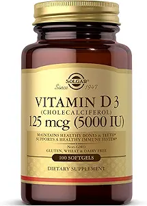 Solgar Vitamin D3 (Cholecalciferol) 125 MCG (5000 IU), 100 Softgels - Βοηθά στη διατήρηση υγιή οστά & δόντια - Υποστήριξη ανοσοποιητικού συστήματος - Μη ΓΤΟ, Χωρίς γλουτένη, Χωρίς γαλακτοκομικά - 100 Σερβιέτες