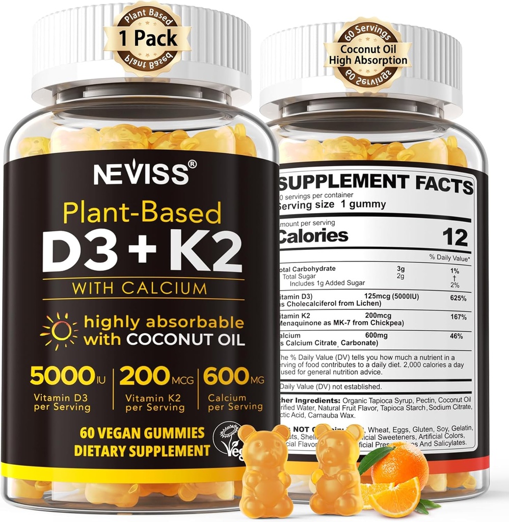 Βιταμίνη D3 5000iu & K2( ως MK7 ) 200mcg Gummies + 600mg Ασβέστιο, με έλαιο καρύδας για υψηλή απορρόφηση, μέγιστη δύναμη Βιταμίνη D3 K2 συμπλήρωμα - Υποστήριξη για τα οστά μυϊκά δόντια Ανοσοποιητικό, Vegan 60 Count