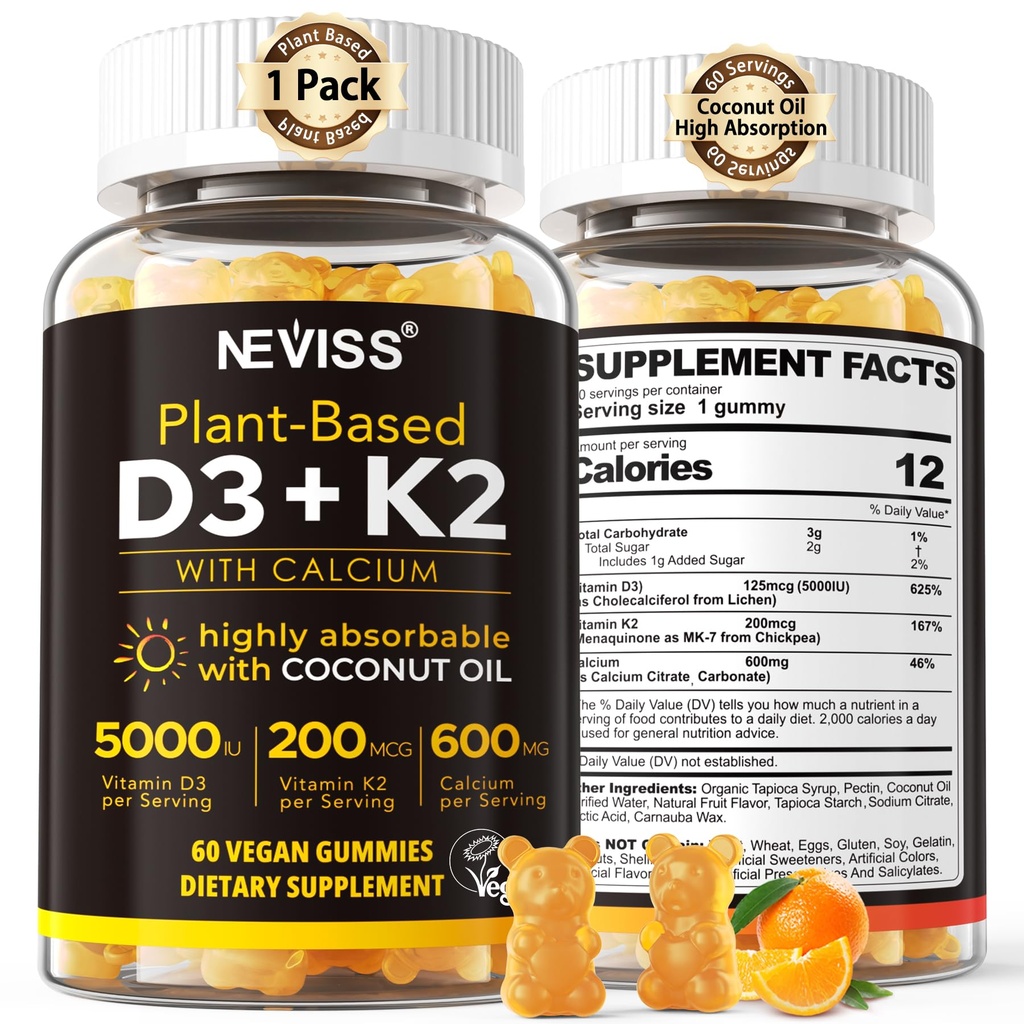 D3 5000iu & K2 ( MK7 olarak) 200mcg Gummies + 600 mgo, Yüksek Absorpsiyon için Coconut Yağı, En Güçlü Vitamin D3 K2 Tamam - Bones Muscle Immune için Destek, Vegan 60 Count
