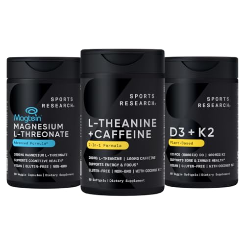 Spor Araştırmaları Magtein Magnezyum L-Threonate Capsules (2000 mg, 90 Capsules), Vegan D3 + K2 w/Organic Coconut Oil (5000iu VIT. D 100mcg Mk7 VIT. K, 60 Softgels) ve L-Theanine (200 mg, 60 ct)