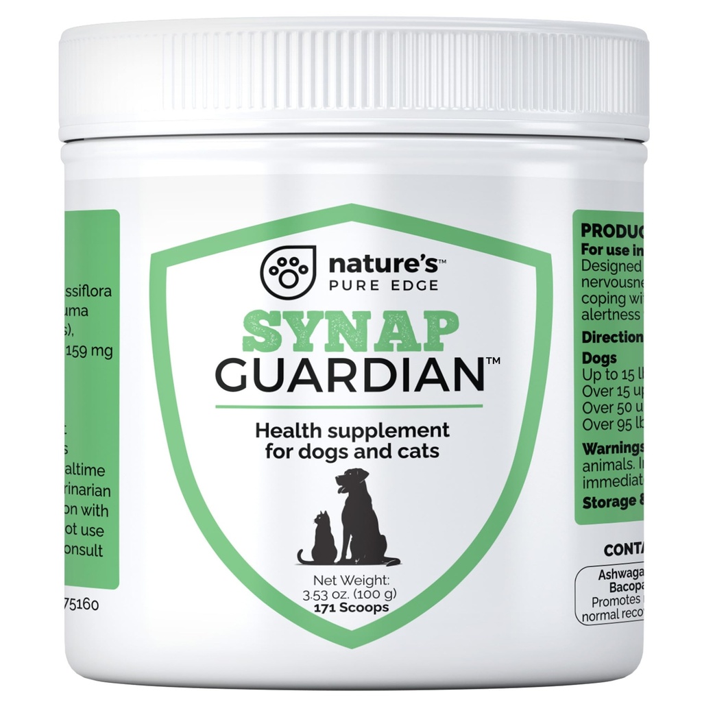 Synap Guardian - Nervous System Support and Calming Care for Dogs & Cats – Natural Relaxation Aid from a U.S.A. Company with Ashwagandha, Chamomile, Valerian & More, 100g