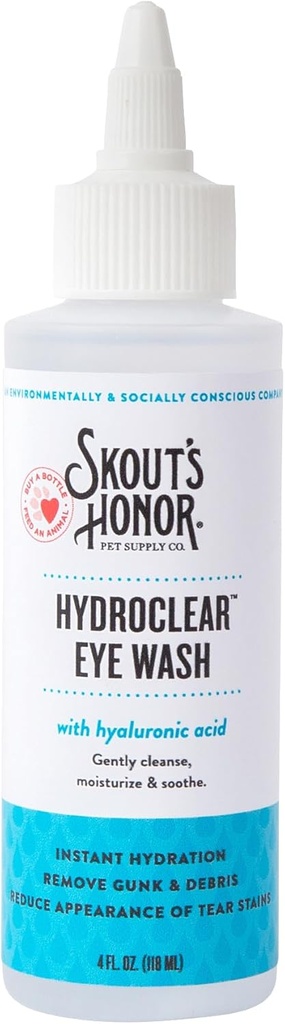SKOUT'S HONOR Hydroclear Eye Wash με Υαλουρονικό Οξύ, Φιάλη 4 ουγκιών - Μη φαρμακευτική, Καθημερινή Φροντίδα ματιών για σκύλους & γάτες