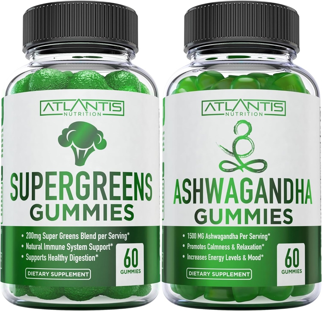 Supergreens & Ashwagandha Gummies - Ashwagandha Προάγει την ηρεμία και ενισχύει το ανοσοποιητικό σύστημα - Delicious Supergreens Με Σπανάκι, Μπρόκολο, Beetroot & Πράσινο Τσάι για την υποστήριξη του ανοσοποιητικού - 60 Gummies