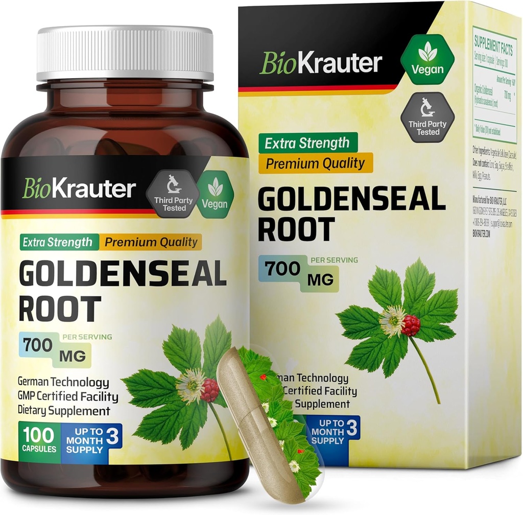 BIO KRAUTER Goldenseal Root Capsule 700 mg - 100 Golden Seal Toz Caps - Respiratory & Digestive Support - Vegan, No Fillers