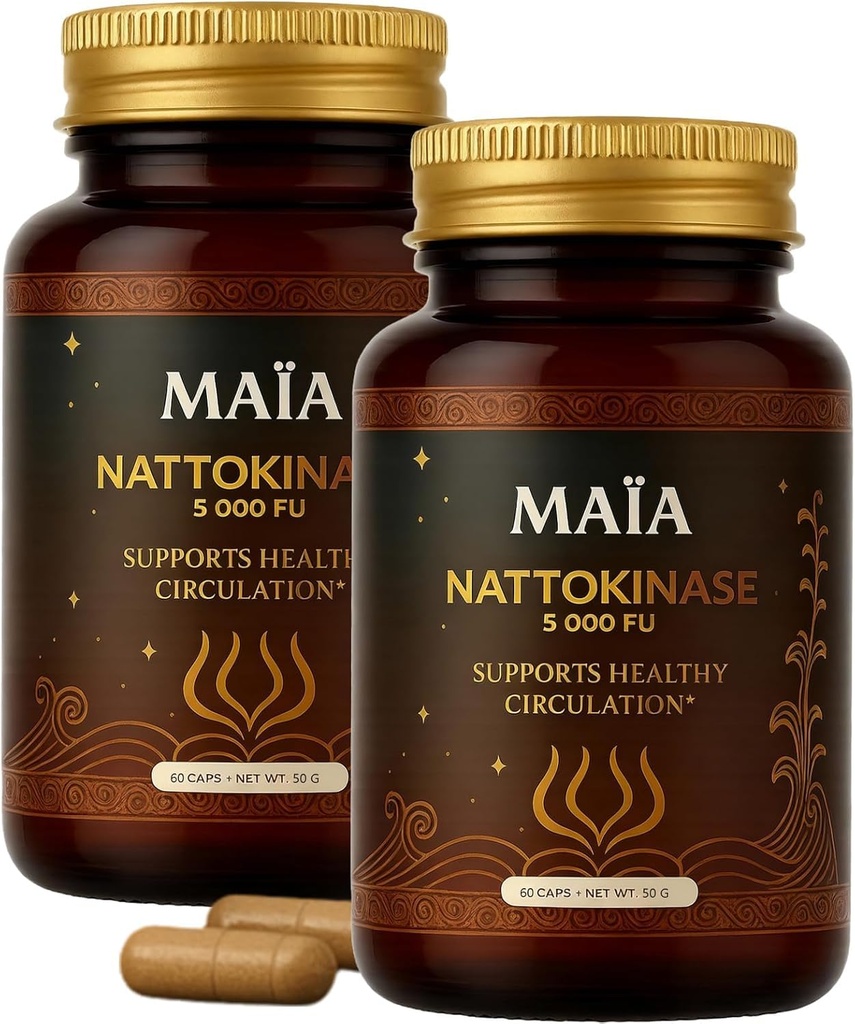 Maia Nattokinase Supplement, with 5000 FU, Supports Arterial Cleanliness and Heart Health, Promotes Healthy Circulation, Added Vitality and Wellness, Plant-Based Capsules, Zero Sugar, 60 Capsules (2)