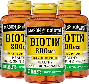 MASON NATURAL Biotin 800 mcg, Hair, Skin & Nail Health Support, High Potency Vitamin B7 Supplement, 60 Tabletler (Paket 3)