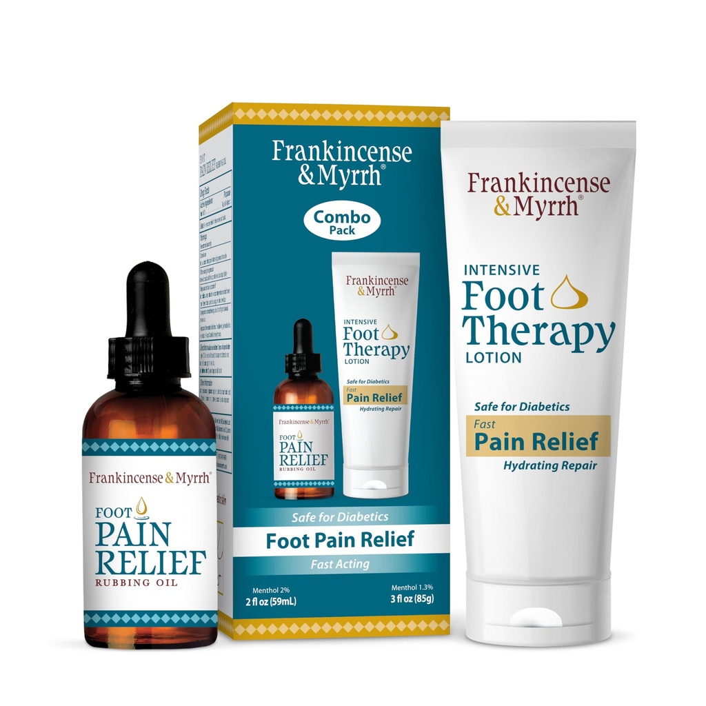 FRANKINCENSE & MYRRH Foot Pain Combo Pack: Foot Pain Relief Rubbing Oil (2 oz) and Intensive Therapy Lotion for feet (3 oz), Neuropathy, Nerve Relief, Frankincense Essential Oil, Maximum Strength