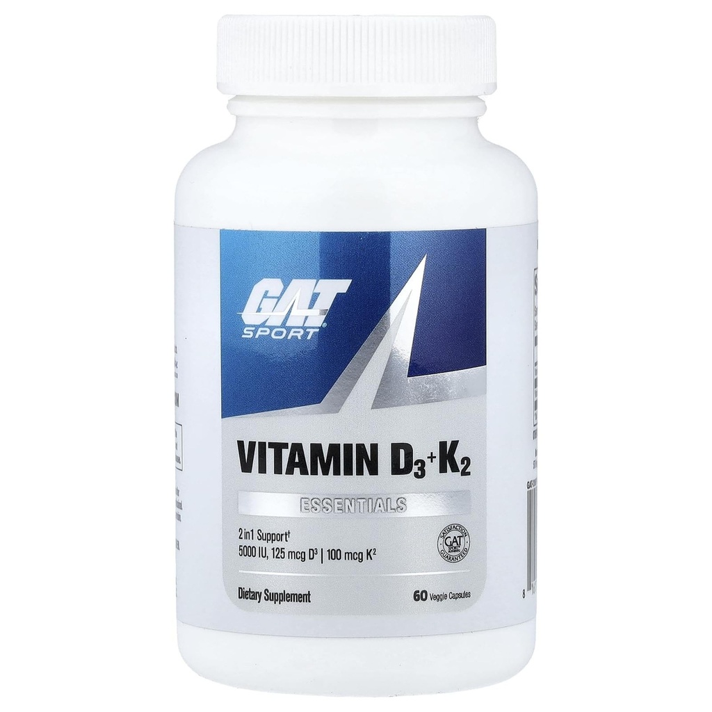 GAT SPORT Vitamin D3 K2, 5000 IU (125 mcg) Vitamin D, 60 Day Supply, Dietary Supplement for Bone, Teeth, Muscle and Immune Health Support, 60 Veggie Caps