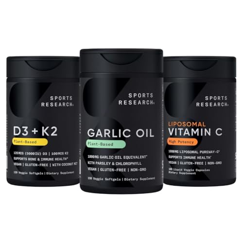 Sports Research® Immunity Pack - Odorless Garlic Oil Pills (1000mg) + Vitamin D3 + K2 + High Potency Liposomal Vitamin C Supplement 1000 mg