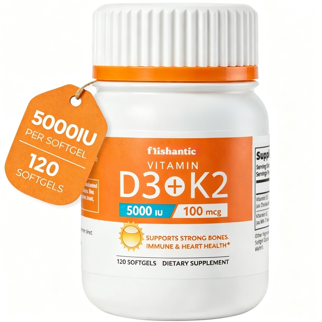 Vitamin D3 K2 5000IU 100mcg MK-7 — Multi-Supplement for Bone, Immune & Heart Health Support, Gluten Free Non-GMO Keto-Friendly Softgels, 120 Count (4-Month Supply)