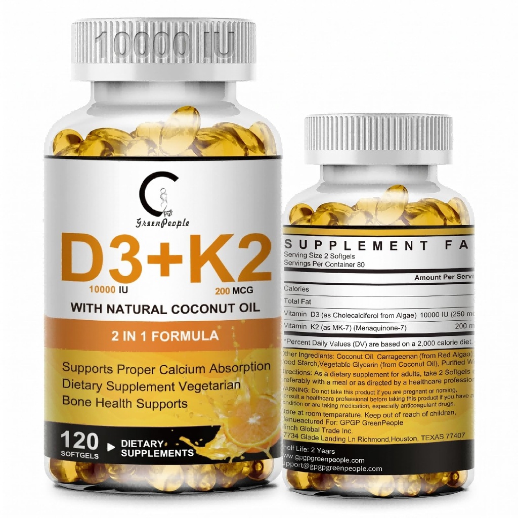 Vitamin D3 K2 Supplement with Vitamin D3 10000 IU, 200 mcg Vitamin K2 MK-7 & Natural Coconut Oil, Plant Based 2-1 Formula for Bone, Teeth, Muscle and Immune Health Support,120 Softgel Capsules