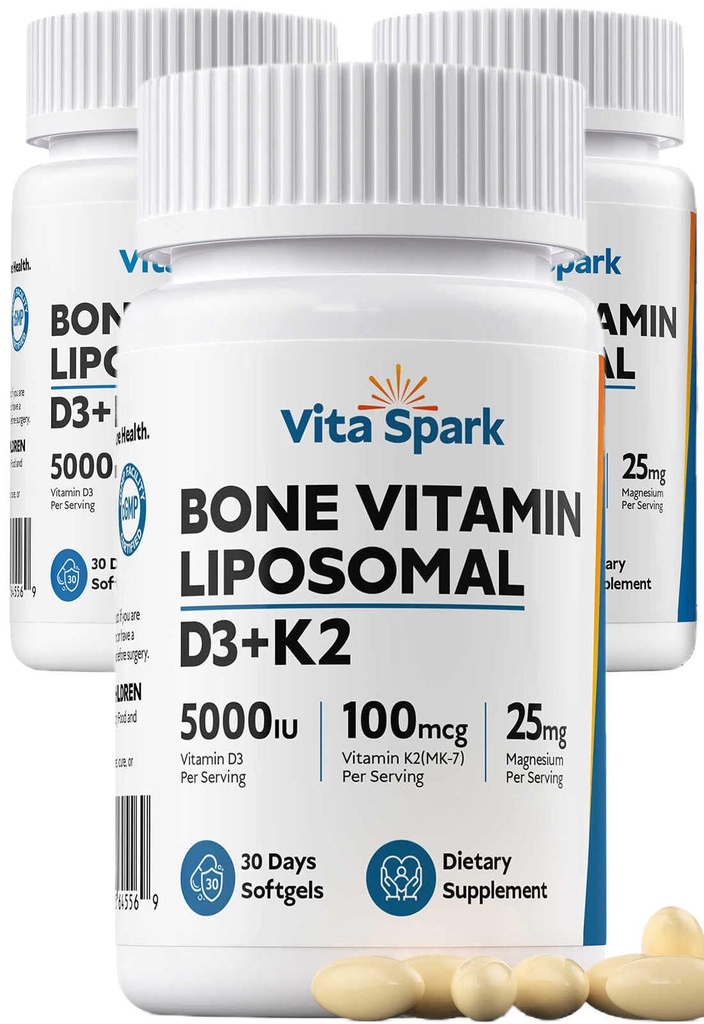 Vitamin D3 K2 - Liposomal Bone Vitamins Supplement, 5000IU D3, 100mcg K2 MK7 & Magnesium for Women and Men | Supports Bone, Teeth, Heart, Immune and Vascular Health*, 90 Days Mini Softgels