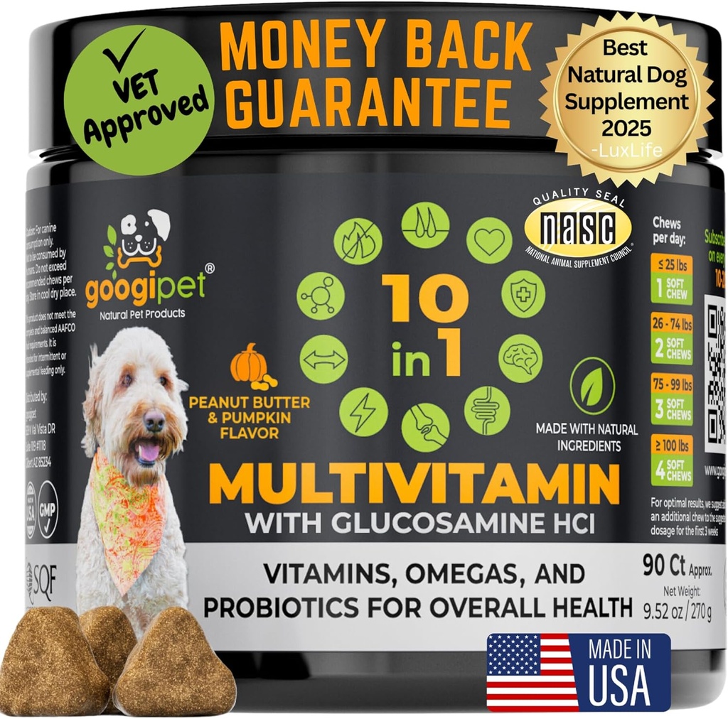 Googipet Premium 10 1 Dog Vitamins Multivitamin Chewable with Probiyotiks for Gut Health, Dog Vitamins and Supplements w/Vitamin C & Glucosamine for Ortak Destek (Peanut Butter & Riley Flavor)