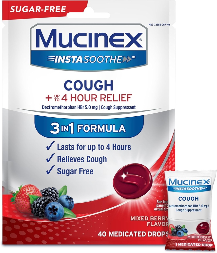 Mucinex Instasoothe Sugar Free Cough Drops, Cough Medicine for Yetişkinler with Dextromethorphan HBr, Non Menthol Cough Drops, Cough Suppressant Lozenges, karma Medicated Cough Drops, 40ct