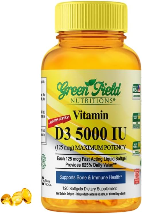 Greenfield Beslenmeleri Halal Vitamin D - Halal Vitamin D3 5000 IU Softgel (125 mcg), Yüksek Potency 120 Unflavored Softgels - Beef Gelatin D3 Halal Vitaminleri, Destekler Immune Bone Teath Brain and Hair Saç