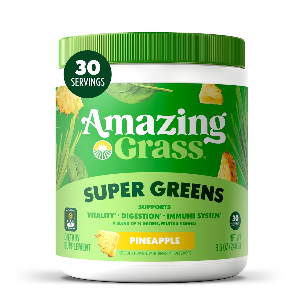 Amazing Grass Super Greens Powder, Organic, Greens Superfood Powder, Smoothie Supplements, Supports Digestion, Probiotics, Spirulina, Beet Root, Pineapple, 30 Servings, 8.5 Ounce (Packaging May Vary)