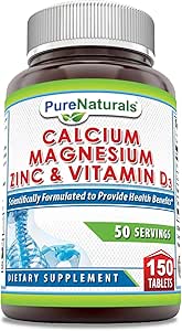 Pure Naturalsuba Magnezyum Vitamin D3 Supplement | Kalsiyum 1000 mg, 400 mg, çinko 25 mg, D3 600 IU | Non-GMO | Gluten Free (300 Tablet)