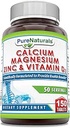 Pure Naturalsuba Magnezyum Vitamin D3 Supplement | Kalsiyum 1000 mg, 400 mg, çinko 25 mg, D3 600 IU | Non-GMO | Gluten Free (300 Tablet)