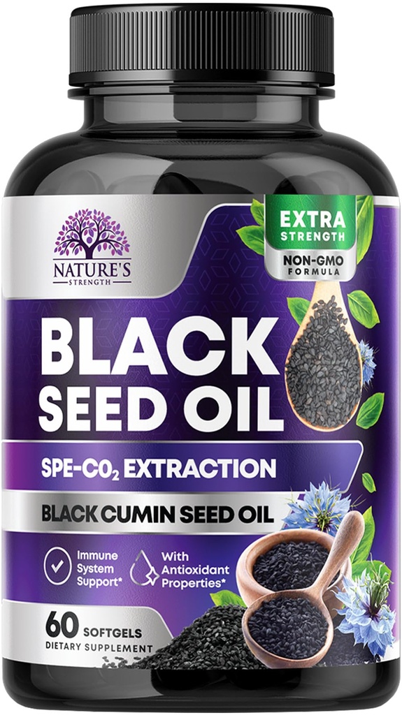Black Seed Oil Capsules, 1000mg Per Serving - Best Cumin Seed Oil - Pure Nigella Sativa Black Seed Oil & Thymoquinone - Amazing Antioxidant for Skin Support Supplement - Bottled in USA - 60 Softgels