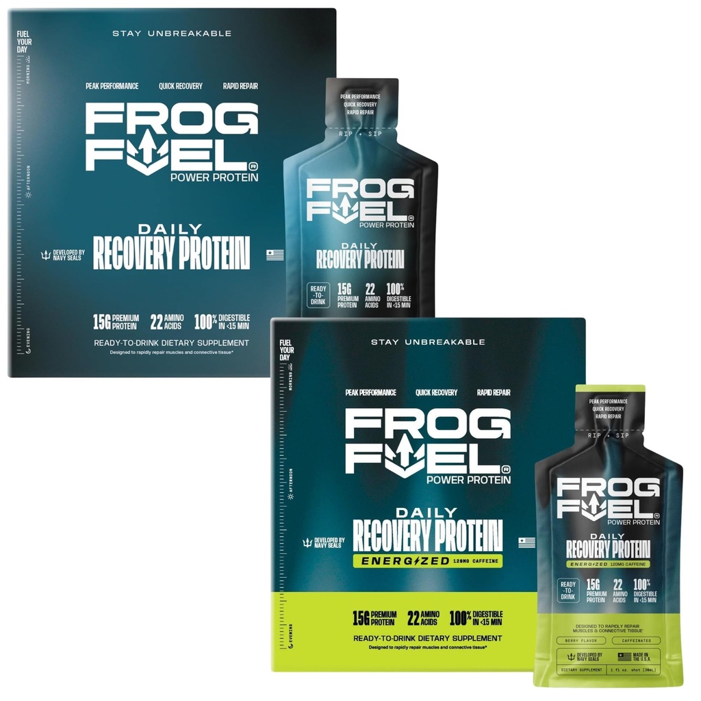 Frog Fuel Power Regular & Power Energized Complete Protein Shot Bundle, 15g πρωτεΐνη Nano-Hydrolyzed Grass Fed Collagen, Post Process, Fat & Sugar Free, 22 Amino Acids, Berry, 1 oz Packets, 48 Pack