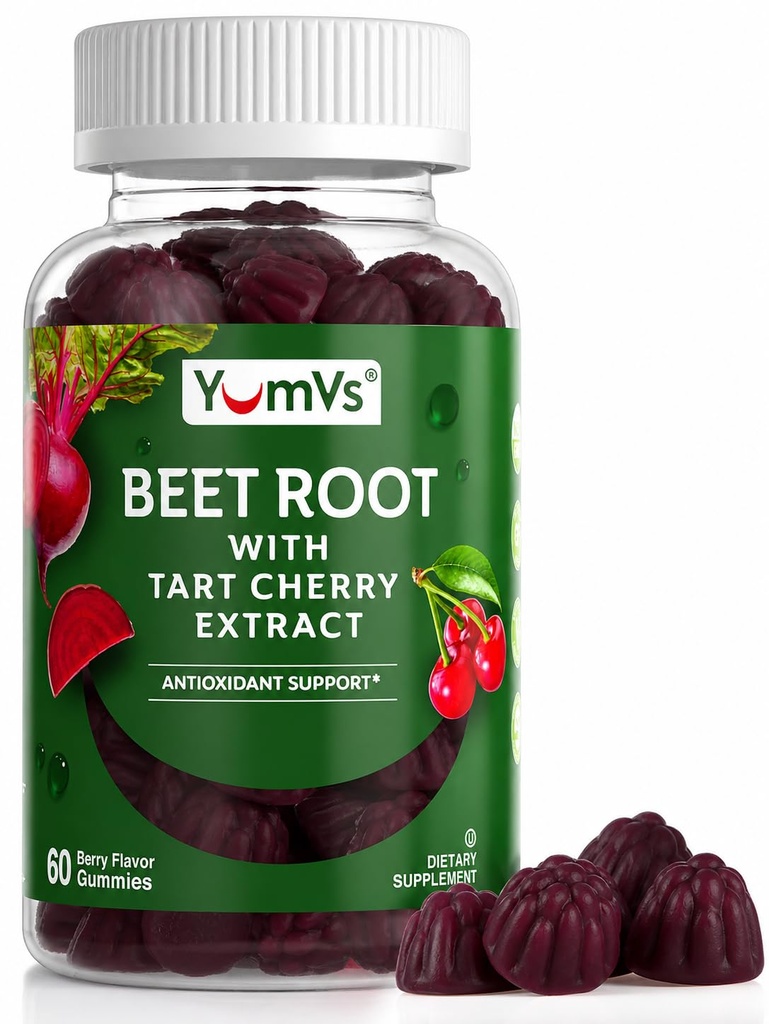 YUM-V'S Beet Root Gummies with Tart Cherry Extract - Berry Flavor Beetroot Gummies - Τσίχλες τεύτλων για την κυκλοφορία του αίματος και αντιοξειδωτική υποστήριξη - Red Beets Gummies (Berry 60 Count (Pack of 1)