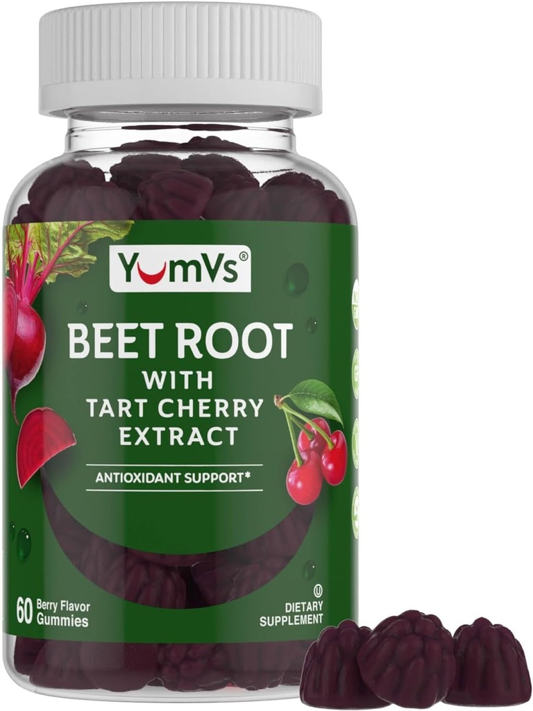 YUM-V'S Beet Root Gummies with Tart Cherry Extract - Berry Flavor Beetroot Gummies - Beet Chews for Blood Circulation and Antioksi Support - Red Beets Gummies (Berry 60 Kont)