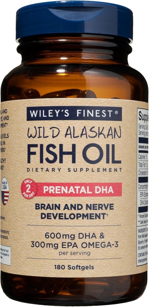 Wiley's Finest Wild Alaskan Fish Oil Prenatal DHA - 900mg EPA και DHA Omega-3s για έγκυες γυναίκες και θηλάζουσες μητέρες - 180 Softgels (90 Prenatal Vitamin Servings)
