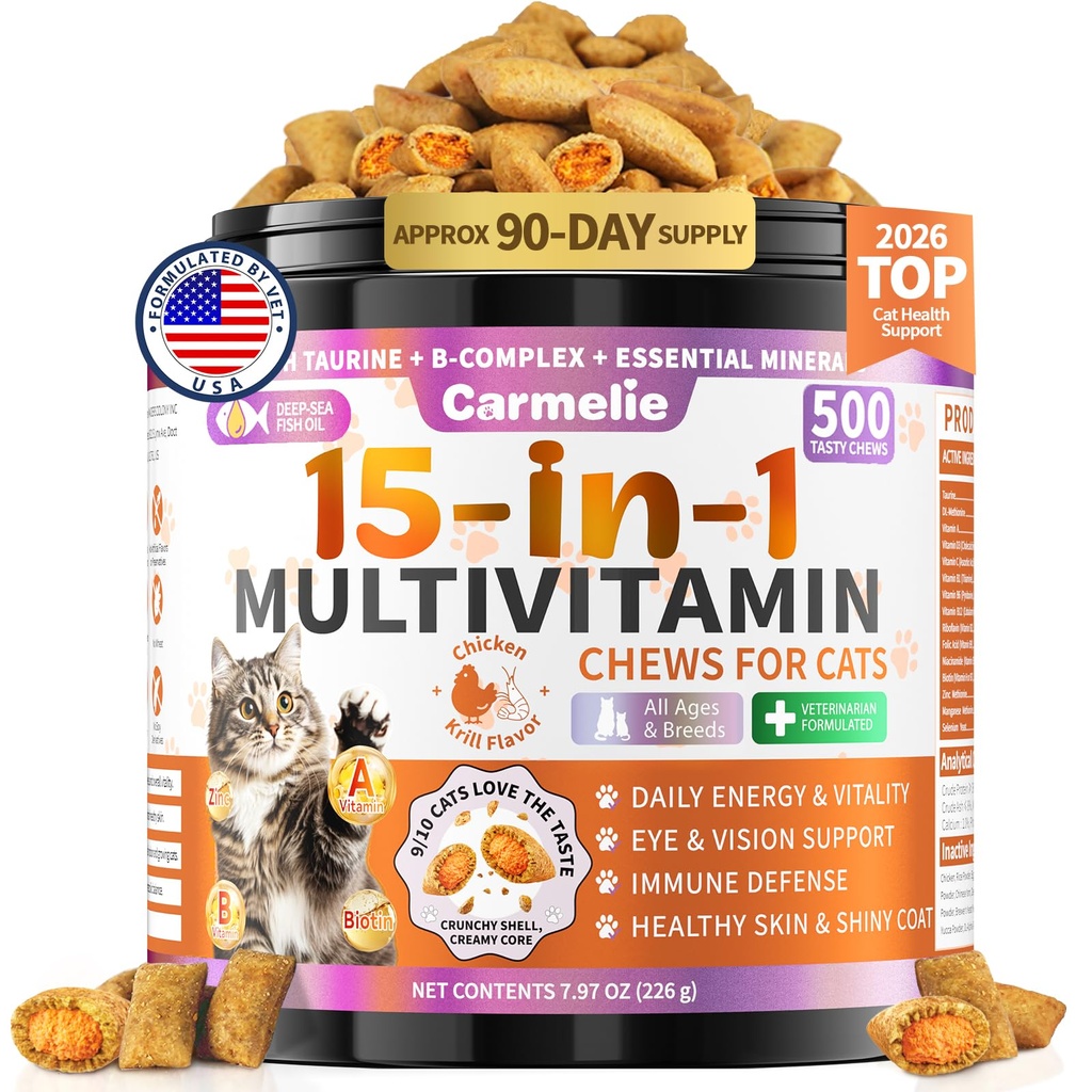 Taurine for Cats Vitamins Treats, 15 in 1 Cat Multivitamin Support Joint, Skin Coat, Digestion, Immunity & Energy, 500 Crunchy & Creamy Chews with Essential Vitamin for Cats All Ages (90-Day Supply)