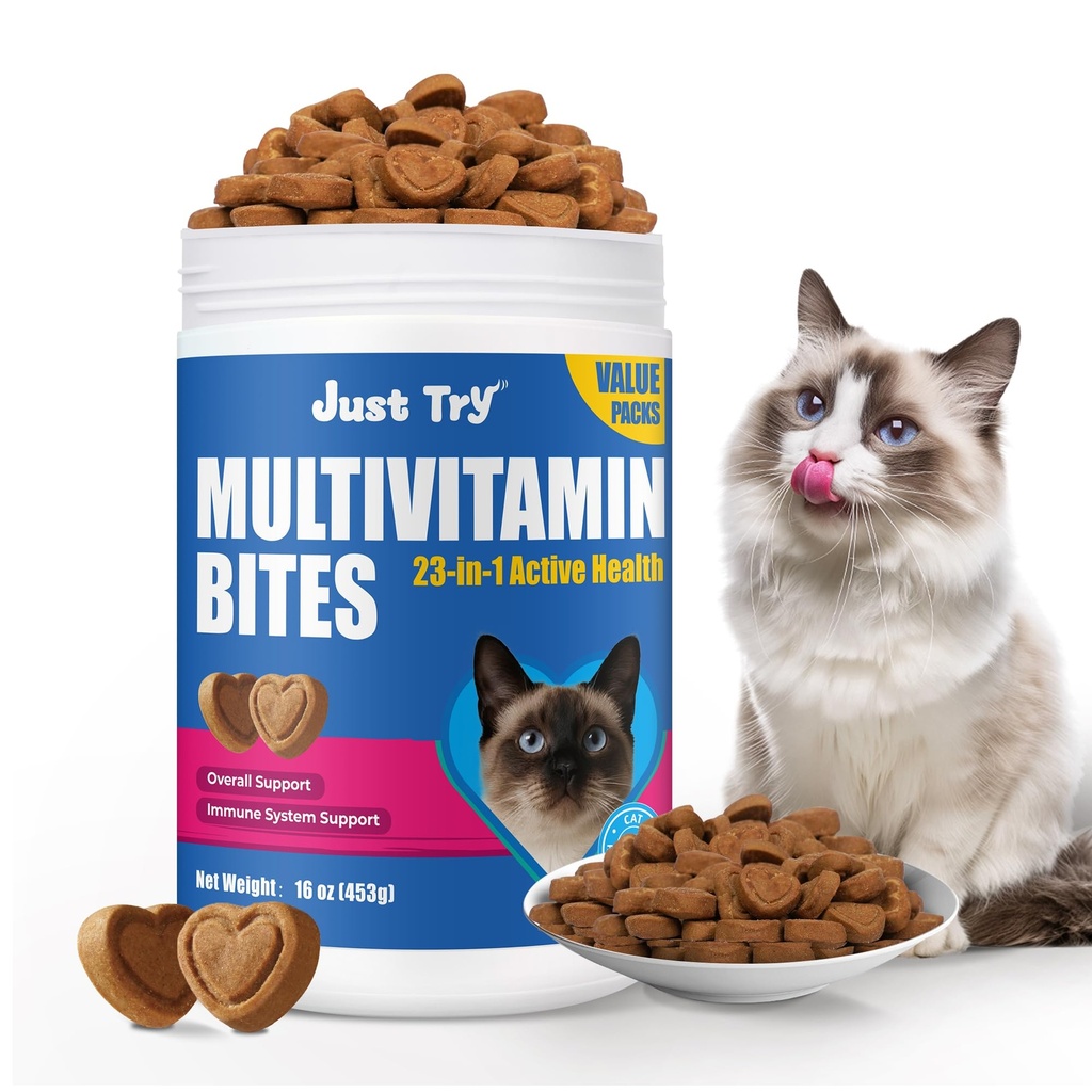 Just Try 23 in 1 Taurine for Cats Vitamins Treats with L-Lysine for Immune, Joint Support Skin & Coat & Heart Health - Multivitamin, HIV Omega 3, Biotin Supplements for Indoor & Senior Cat - 16 oz