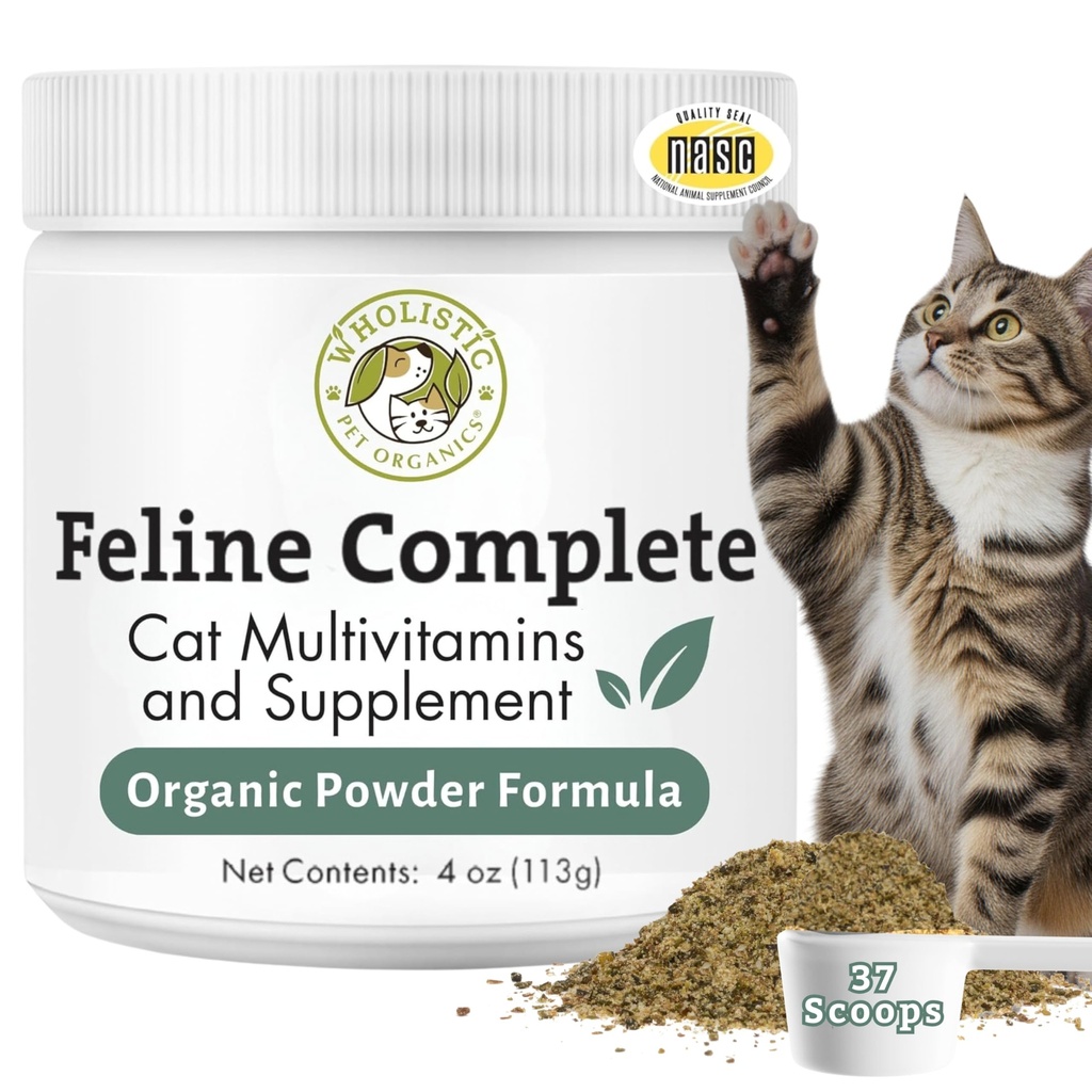 Wholistic Pet Organics Feline Complete - 4 oz - Organic Cat Multivitamin + Probiotic Supplement for Overall Health, Skin & Coat Support - Cat Vitamins for Cats Health - Kitten & Senior - 37 Scoops