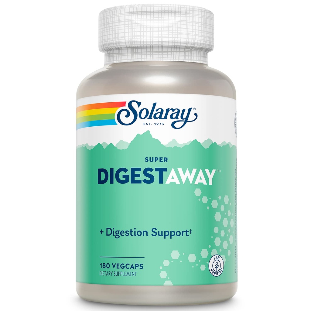 SOLARAY Super Digestaway Digestive Enzymes - Pancreatin, Papain, Ginger, Pepsin, Betaine HCl, Aloe Vera ve More - Digestion & Nutrient Abxia Support - Lab TY - 180 VegCaps