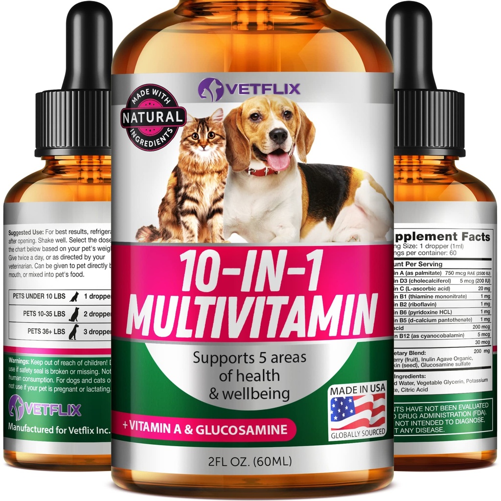 10 in 1 Pet Vitamins for Dogs, Cats, Puppies and Kittens - Made in USA - Glucosamine and Multivitamin Supplement - Joint, Immune and Skin Health Support - 2 Fl Oz