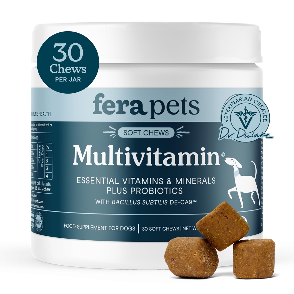 Fera Pets Dog Multivitamin Chews with Glucosamine and Probiotics - Essential Dog Vitamins & Minerals - Promotes Healthy Digestion & Joints - Boosts Skin & Coat Health with Omega-3s - 30 Soft Chews