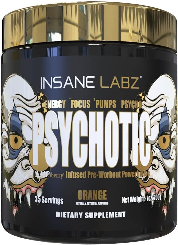 Insane Labz Psychotic Gold, High Stimulant Pre Workout Toz, Extreme Lasting Energy Focus, Pumps and Endurance with Beta Alanine, DMAE Bitartrate, NO ATM (35 hizmet, Orange)