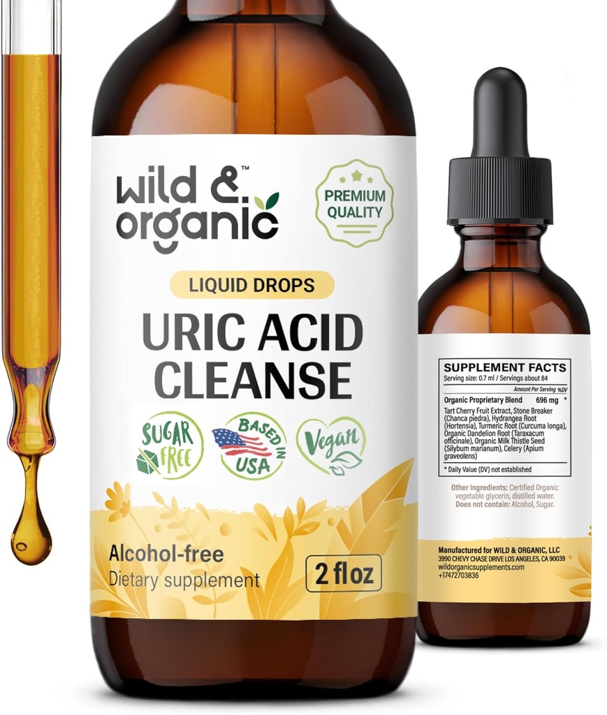 Wild & Organic Uric Acid Cleanse Drops - Tart Cherry, Turmeric, Chanca Piedra Stone Breaker Kompleks for Kidney Cleanse - Uric Acid Support Supplement - Vegan, Sugar & Alkol-Free Tincture - 2 oz
